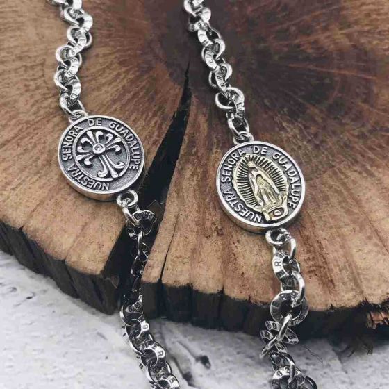 Men's Vantage Coin Cross Crown Sterling Silver Curb Bracelet