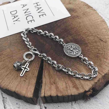 Men's Vantage Coin Cross Crown Sterling Silver Curb Bracelet