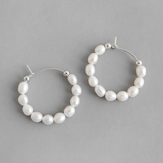 Natural Pearl Circle Sterling Silver Hoop Earrings