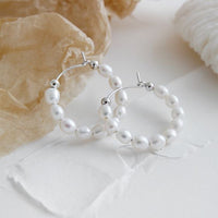 Natural Pearl Circle Sterling Silver Hoop Earrings