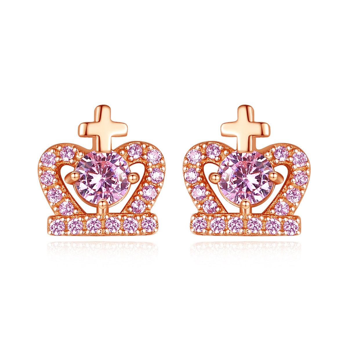 Cross Heart CZ Crown Stud Earrings, 925 Sterling Silver