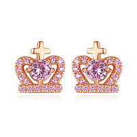 Cross Heart Crystal Crown Stud Earrings, 925 Sterling Silver