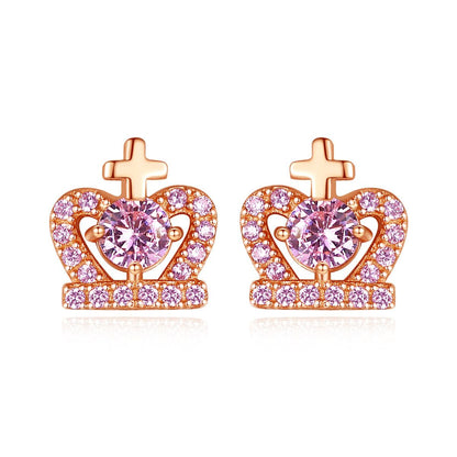 Cross Heart CZ Crown Stud Earrings, 925 Sterling Silver