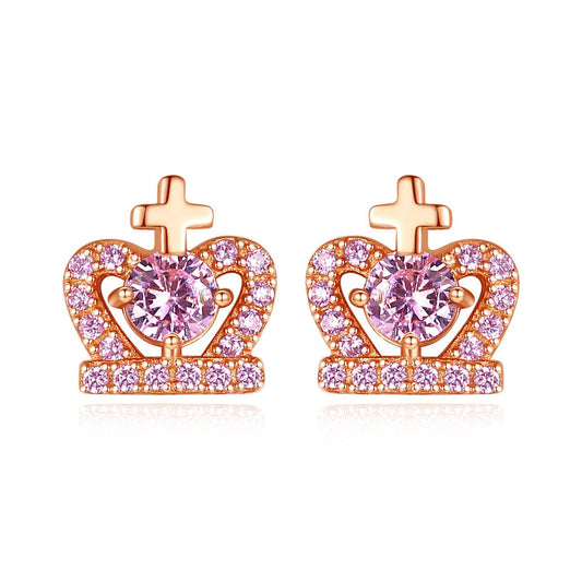 Cross Heart CZ Crown Stud Earrings, 925 Sterling Silver