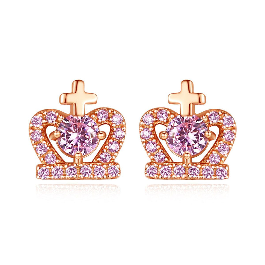 Cross Heart Crystal Crown Stud Earrings, 925 Sterling Silver