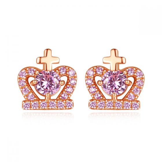 Cross Heart CZ Crown Stud Earrings, 925 Sterling Silver