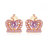 Cross Heart Crystal Crown Stud Earrings, 925 Sterling Silver