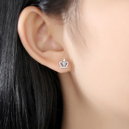Cross Heart CZ Crown Stud Earrings, 925 Sterling Silver