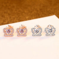 Cross Heart Crystal Crown Stud Earrings, 925 Sterling Silver