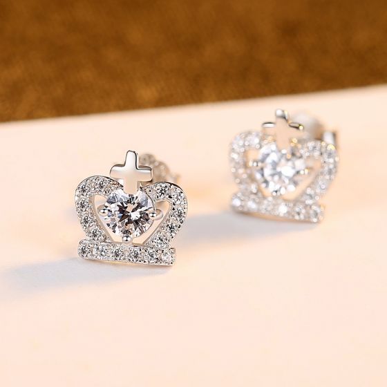Cross Heart CZ Crown Stud Earrings, 925 Sterling Silver