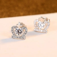 Cross Heart Crystal Crown Stud Earrings, 925 Sterling Silver