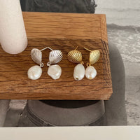 Vintage Shell Pearl Drop Earrings - 925 Sterling Silver