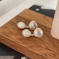 Vintage Shell Pearl Drop Earrings - 925 Sterling Silver