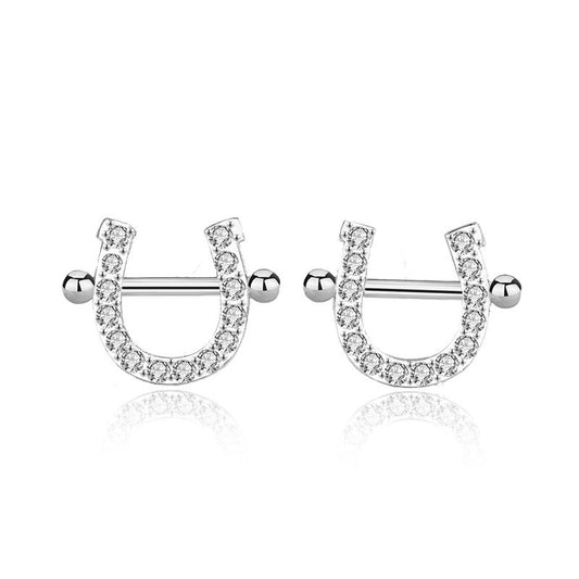 CZ U-Shape Horseshoe Stud Earrings, 925 Sterling Silver