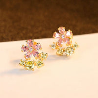 Pink Crystal Flower Stud Earrings in 925 Sterling Silver