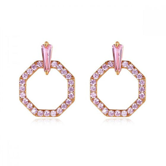 Pink CZ Geometry Circle 925 Sterling Silver Stud Earrings