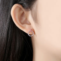 Pink Crystal Geometry Circle 925 Sterling Silver Stud Earrings