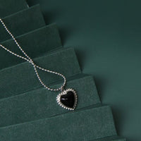 Black Agate Heart Bead Necklace, 925 Sterling Silver