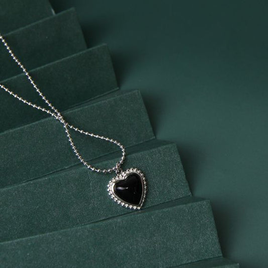 Black Agate Heart Bead Necklace, 925 Sterling Silver