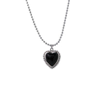 Black Agate Heart Bead Necklace, 925 Sterling Silver