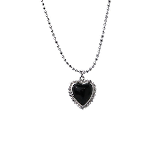 Black Agate Heart Bead Necklace, 925 Sterling Silver