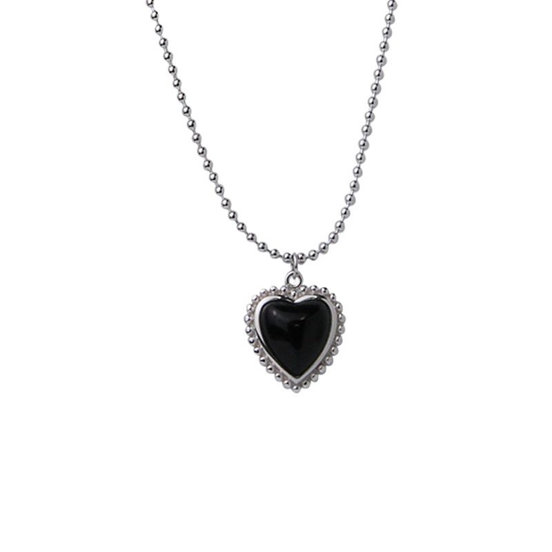 Black Agate Heart Bead Necklace, 925 Sterling Silver