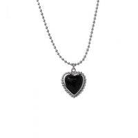 Black Agate Heart Bead Necklace, 925 Sterling Silver