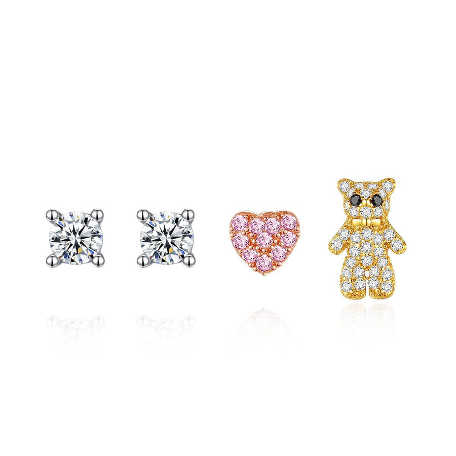 Asymmetry Crystal Heart and Bear 925 Sterling Silver Stud Earrings