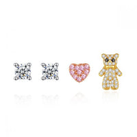 Asymmetry Crystal Heart and Bear 925 Sterling Silver Stud Earrings