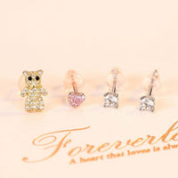 Asymmetry Crystal Heart and Bear 925 Sterling Silver Stud Earrings