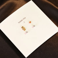 Asymmetry Crystal Heart and Bear 925 Sterling Silver Stud Earrings