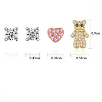 Asymmetry Crystal Heart and Bear 925 Sterling Silver Stud Earrings