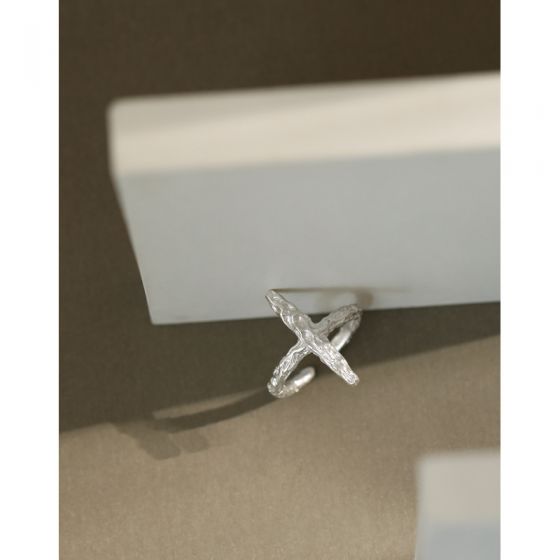 Classic Irregular Beaten Cross 925 Sterling Silver Adjustable Ring