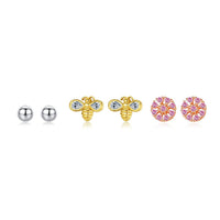 Honey Bee Pink Flower Stud Earrings 925 Sterling Silver
