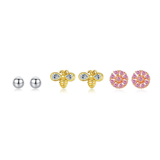 Honey Bee Pink Flower Stud Earrings 925 Sterling Silver