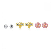 Honey Bee Pink Flower Stud Earrings 925 Sterling Silver