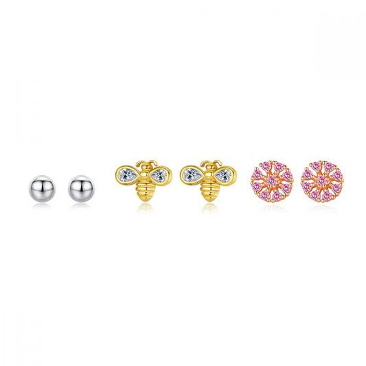 Honey Bee Pink Flower Stud Earrings 925 Sterling Silver