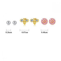 Honey Bee Pink Flower Stud Earrings 925 Sterling Silver