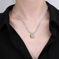 Flower Square Tag Natural Aquamarine Necklace