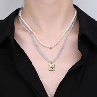 Flower Square Tag Natural Aquamarine Necklace