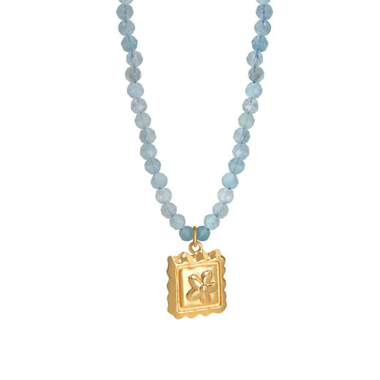 Flower Square Tag Natural Aquamarine Necklace