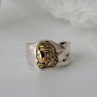Vintage Portrait Adjustable 925 Sterling Silver Wide Ring