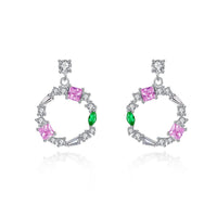 Pink and Green Crystal Cube Circle 925 Sterling Silver Stud Earrings