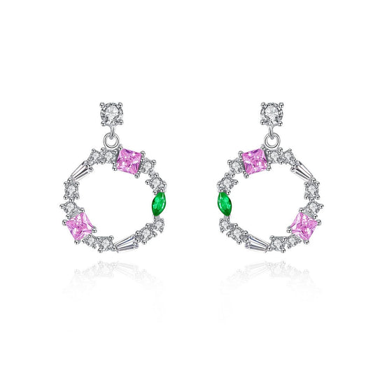 Pink and Green CZ Cube Circle 925 Sterling Silver Stud Earrings