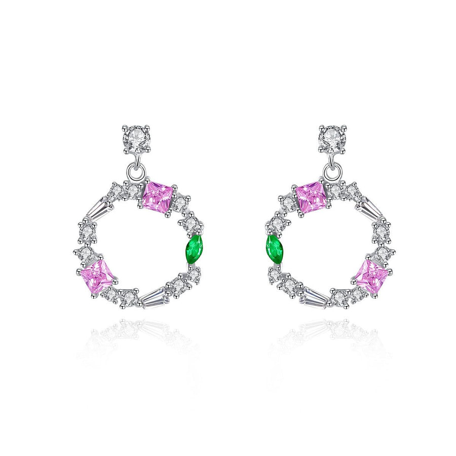 Pink and Green Crystal Cube Circle 925 Sterling Silver Stud Earrings