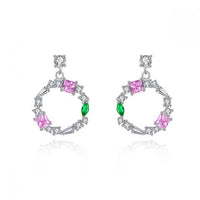 Pink and Green Crystal Cube Circle 925 Sterling Silver Stud Earrings