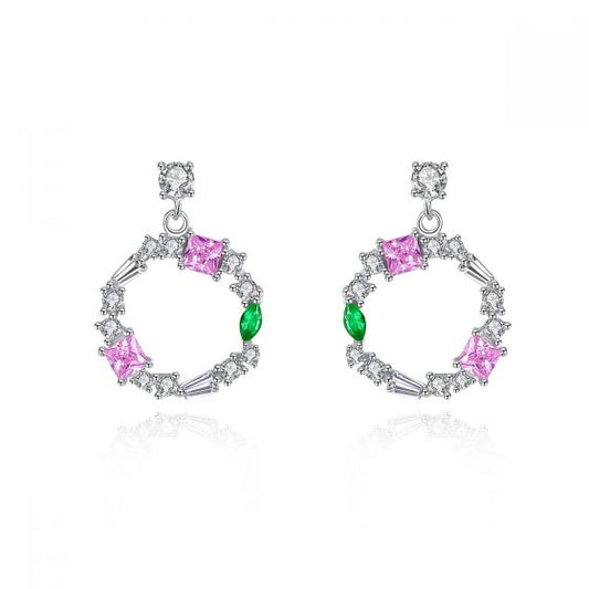 Pink and Green CZ Cube Circle 925 Sterling Silver Stud Earrings