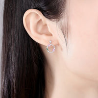 Pink and Green Crystal Cube Circle 925 Sterling Silver Stud Earrings