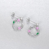 Pink and Green Crystal Cube Circle 925 Sterling Silver Stud Earrings