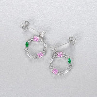 Pink and Green Crystal Cube Circle 925 Sterling Silver Stud Earrings